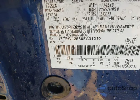 2008 Ford F-150 60Th Anniversary/Fx2/King Ranch/Lariat/Limited/Xlt from USA, damaged, VIN 1FTPW12588FA31310